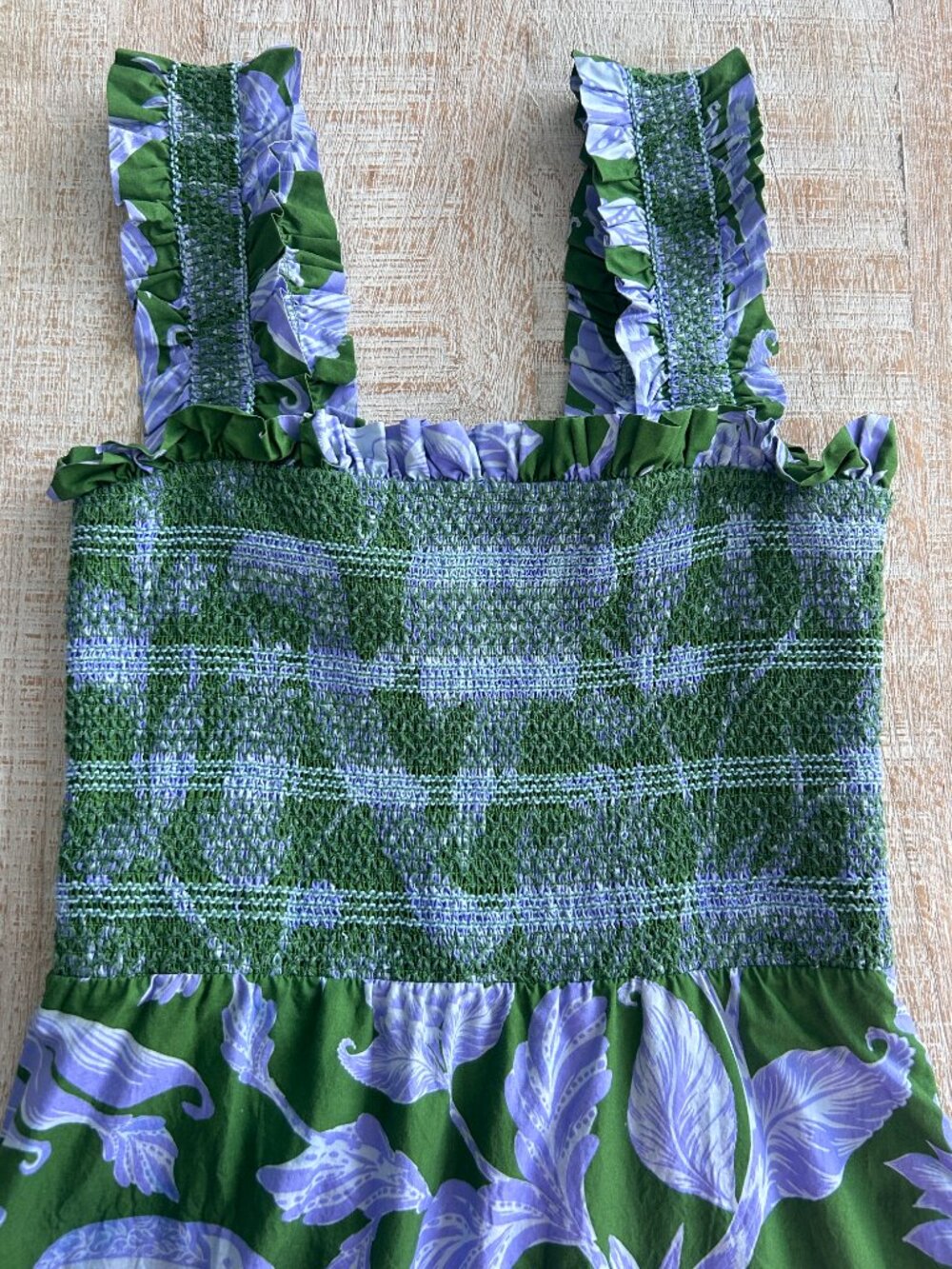 Farm Rio Tropical Swing Smocked Pineapple Green/Purple Maxi Dress Size Medium - Picture 9 of 9